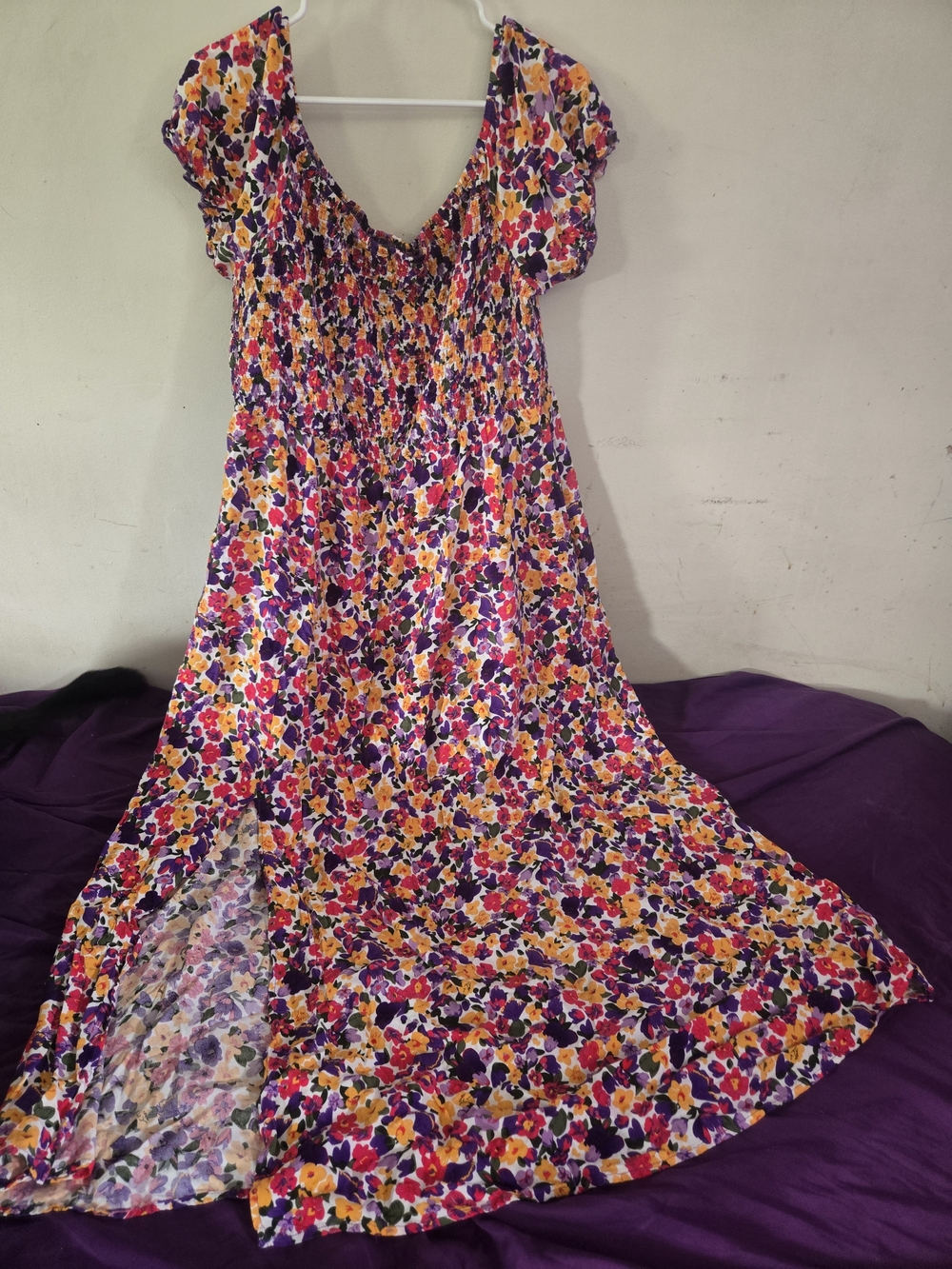 Floral Maxi Dress with Puff Sleeves - Purple, Pink & Yellow
